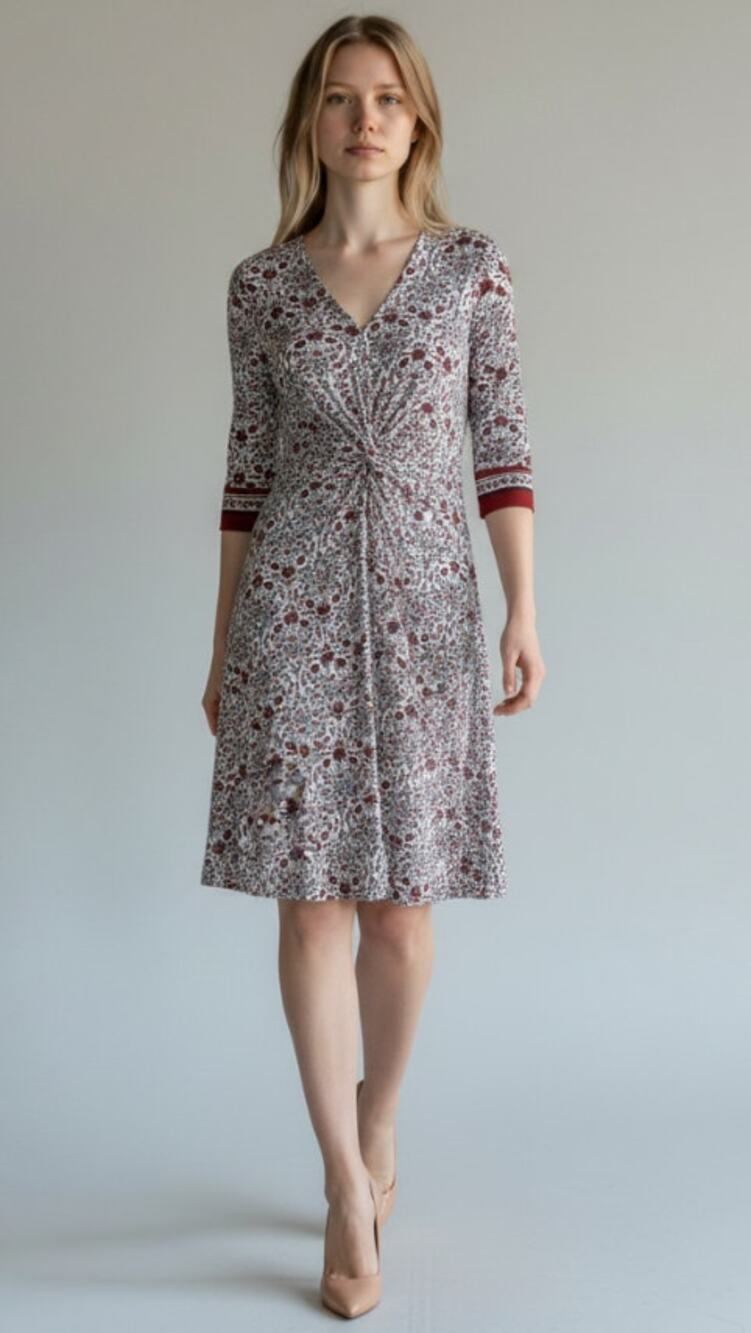 LANDS' END SMALL 6-8 IVORY FLORAL STRETCH KNIT FRONT KNOT FIT FLARE DRESS NEW
